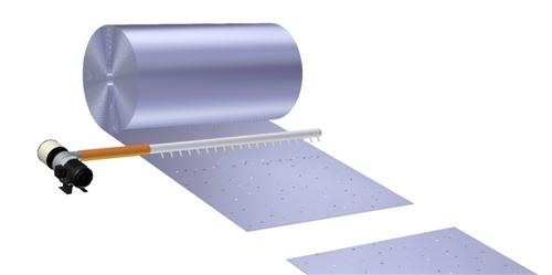 Rendering of a blow-off bar directing air across sheet material coming off a roll.